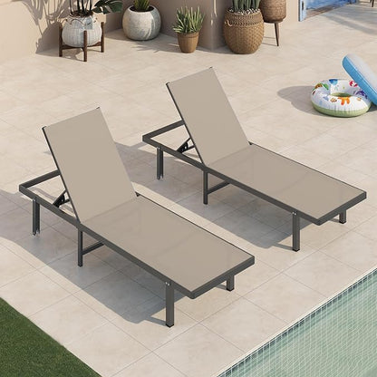 Outdoor Lounge Chairs Set of 2, Aluminum Pool Lounge Chairs with Wheels and 5-Position Recliner -Easy to Move- Patio Chaise Lounge Outdoor for Poolside, Deck, Beach (Khaki)