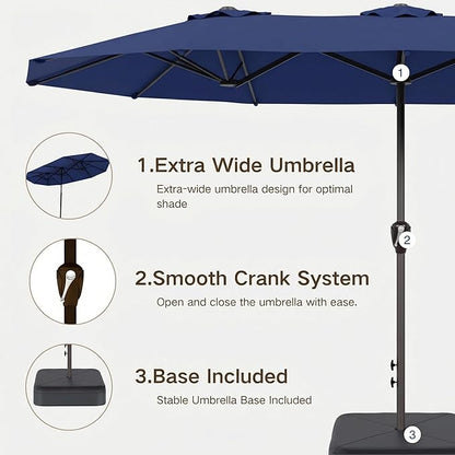 Kingdura 15ft Large Patio Umbrella with Base Included, Double-Sided Rectangle Outdoor Table Umbrella with 12 Reinforced Ribs, Crank Lift for Market Pool Deck Backyard, Navy blue