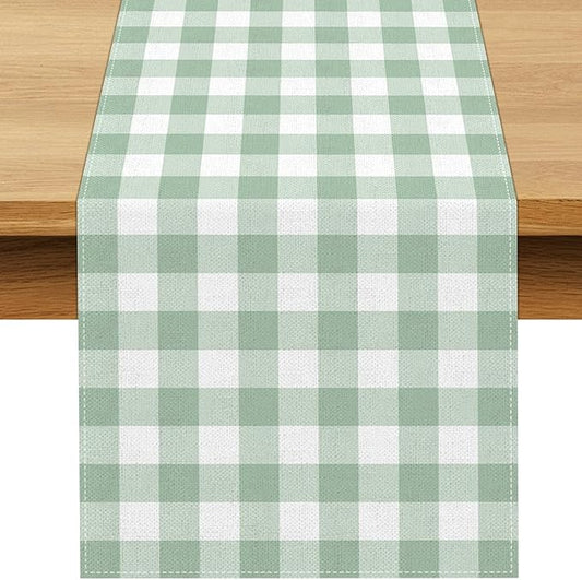 Sage Green Gingham Party Table Runner Green and White Checkered Plaid Decorations for Birthday Bridal Baby Shower Home Dining Kitchen Island Decor (13" x 120")