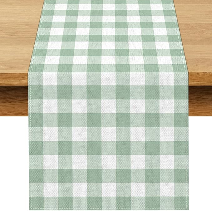 Sage Green Gingham Party Table Runner Green and White Checkered Plaid Decorations for Birthday Bridal Baby Shower Home Dining Kitchen Island Decor (13" x 72")