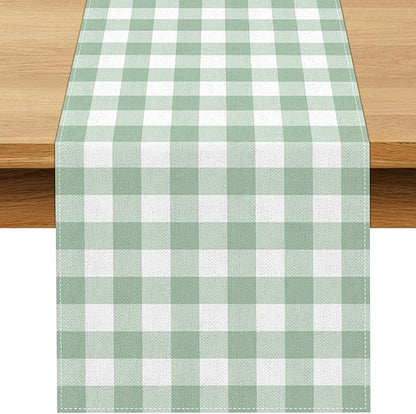 Sage Green Gingham Party Table Runner Green and White Checkered Plaid Decorations for Birthday Bridal Baby Shower Home Dining Kitchen Island Decor (13" x 72")
