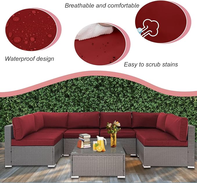 14 Piece Outdoor Patio Cushion Cover Replacement, Waterproof Patio Cushion Covers, Outdoor Furniture Cushion Covers Set for 6 Seat Wicker Rattan Sofa (Wind Red)