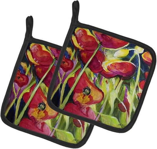Caroline's Treasures JMK1269PTHD Poppies Pair of Pot Holders Kitchen Heat Resistant Pot Holders Sets Oven Hot Pads for Cooking Baking BBQ, 7 1/2 x 7 1/2