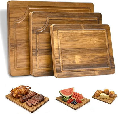 3 Pack Bamboo Cutting Boards Set for Kitchen | Chopping Boards with Deep Juice Groove, Thick Wooden Cutting Board for Meat, Vegetables & BBQ Prep
