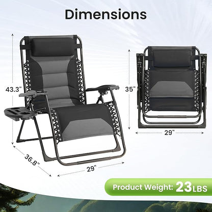 Zero Gravity Chair Oversized Padded Recliner with Adjustable Headrest & Cup Holder - XL 600D Oxford Folding Lounge Chair for Outdoor Camping, Patio, Poolside (Upgraded Black & Gray)