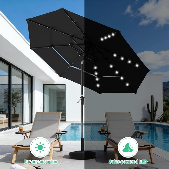 JEAREY 9 ft 3-Tier Outdoor LED Lighted Patio Umbrella w/Crank, Black | Solar Market Table Umbrella with 8 Sturdy Ribs, UV Protection Waterproof Sunproof for Garden, Deck and Backyard