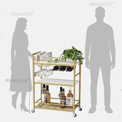 3 Tier Bar Cart, Small Beverage Cart, Mini Bar Cart with Wine Rack, Compact Mini Bar Cart - Please Refer to the Exact Dimensions for Usage Matching Dimensions: 22" W × 13" D × 35.8" H GBC507G