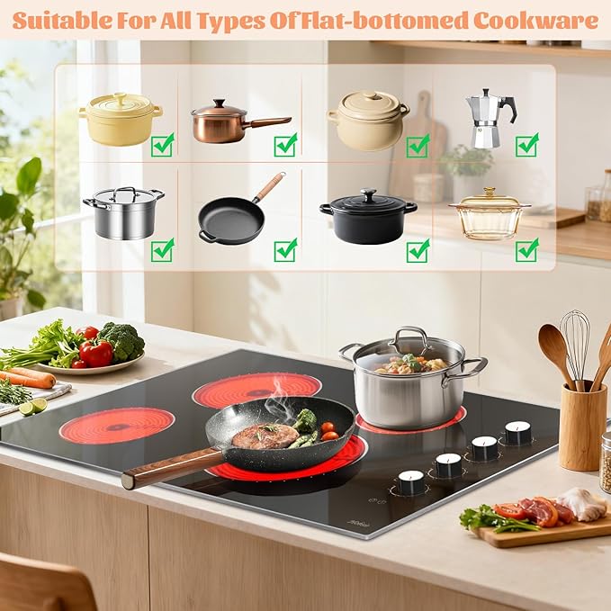 Electric Cooktop 30 Inch Hobsir, 4 Burner Electric Stove Top 6700W, Knob Control Built in Cook top, 30" Electric Stove Top Burner with Glass Protection Metal Frame, Double-ring burner, 220-240v