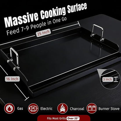 SHINESTAR 25"x16" Carbon Steel Griddle for Gas & Charcoal Grills | Pre-Seasoned Ceramic Nonstick Flat Top with Foldable Handle & Grease Groove Great for Parties, Camping & Tailgating