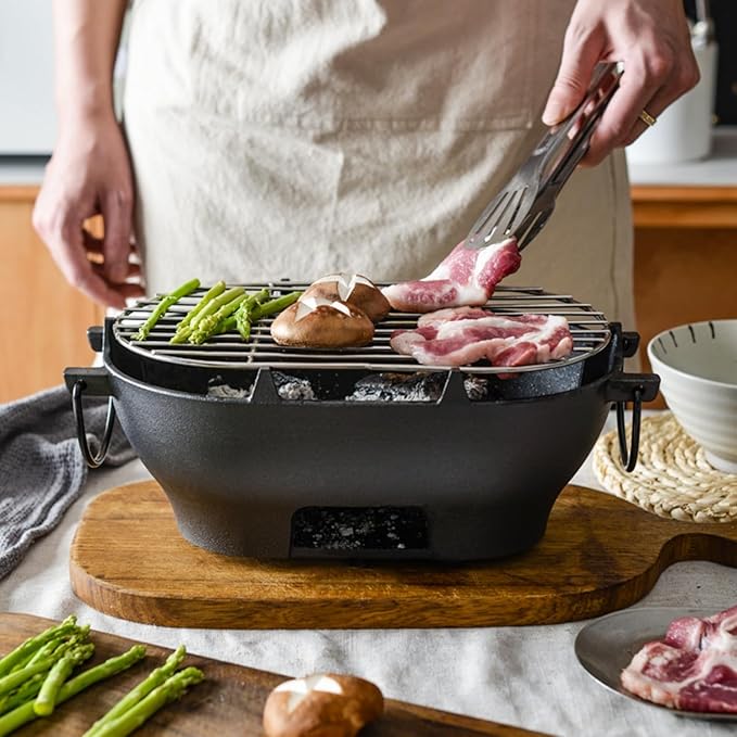 Mini Grill - 12 Inch Portable Cast Iron Outdoor Tabletop Grill - Handled Mini Japanese BBQ Charcoal Stove - Small Durable Camping Cast Iron Grill with Grate Hook