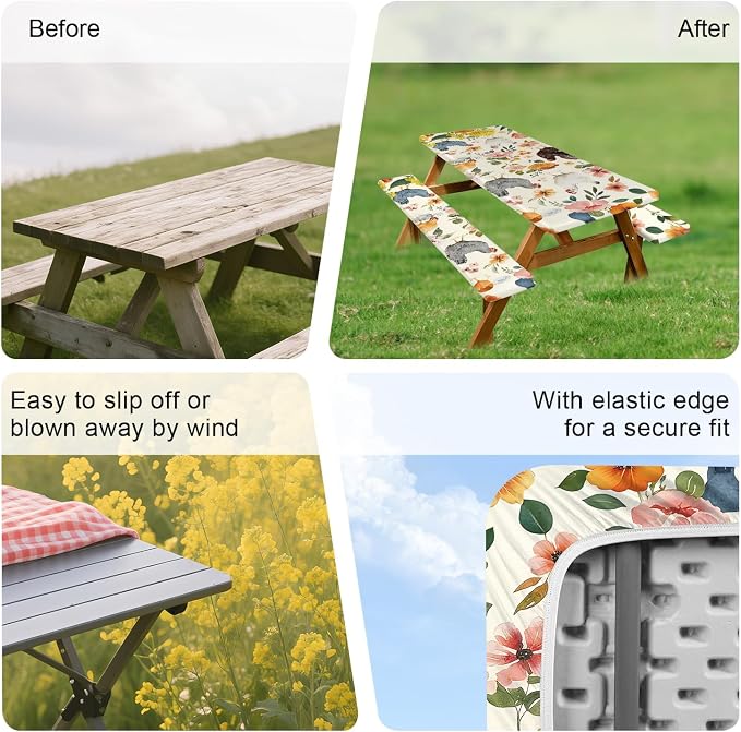 FOREVER QUEEN Picnic Table Cover with Bench Covers 72in,Waterproof Windproof Fitted Tablecloth,Farm Chicken with Floral Print Camping Essentials with Drawstring Bag for Patio,Park & Backyard