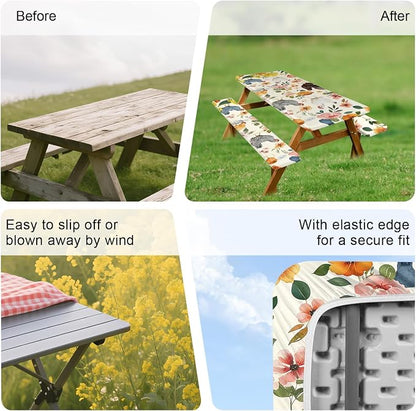 FOREVER QUEEN Picnic Table Cover with Bench Covers 72in,Waterproof Windproof Fitted Tablecloth,Farm Chicken with Floral Print Camping Essentials with Drawstring Bag for Patio,Park & Backyard