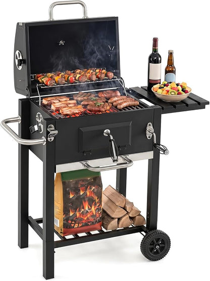 Giantex Charcoal Grill with Foldable Side Shelf, Outdoor BBQ Grill with Adjustable Charcoal Tray, Thermometer, Shelves & Ash Tray, Portable Barbecue Griddle with Wheels for Backyard, Camping, Picnic