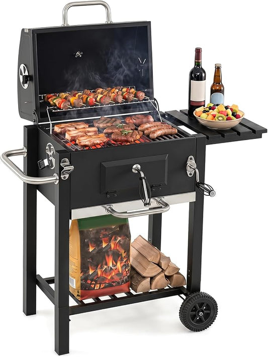 Giantex Charcoal Grill with Foldable Side Shelf, Outdoor BBQ Grill with Adjustable Charcoal Tray, Thermometer, Shelves & Ash Tray, Portable Barbecue Griddle with Wheels for Backyard, Camping, Picnic