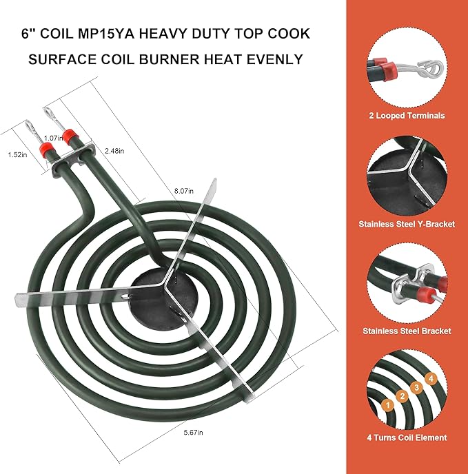 Stove Element Replacement for Amana Whirlpool Kenmore Electric Range Burner-MP22YA Electric Range Burner Element Set Includes 2Pcs 8-Inch MP21YA & 2Pc6-Inch MP15YA