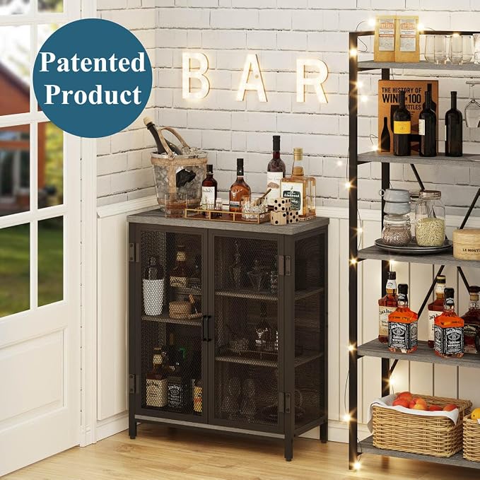 Small Coffee Bar Cabinet with Storage, Farmhouse Liquor Cabinet for Home Coffee Station, Wood Sideboard Buffet with Doors for Kitchen, Dining Room, Living Room, Dark Grey Oak