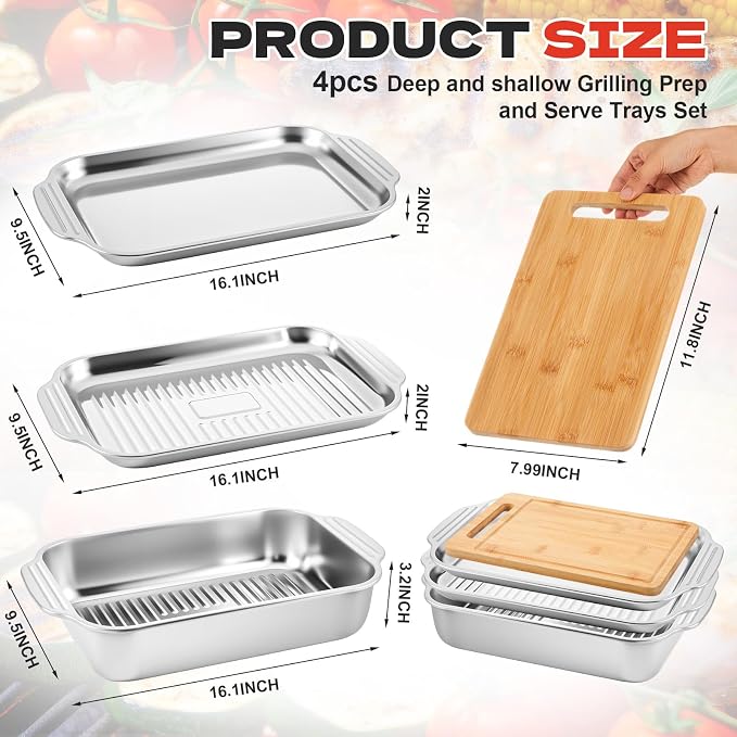 4 Pcs Grill Prep Trays Set Stackable Stainless Steel Grilling Prep and Serve Tray Includes 2 Deep Grill Platter, Shallow BBQ Serving Tray and Bamboo Cutting Board for BBQ Outdoor Grilling