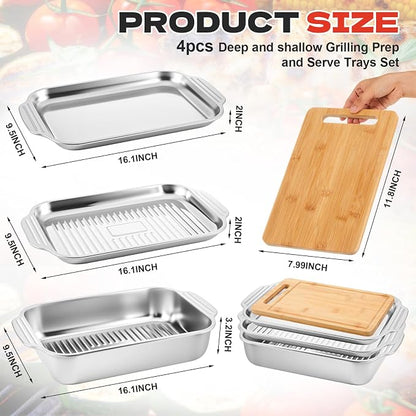 4 Pcs Grill Prep Trays Set Stackable Stainless Steel Grilling Prep and Serve Tray Includes 2 Deep Grill Platter, Shallow BBQ Serving Tray and Bamboo Cutting Board for BBQ Outdoor Grilling