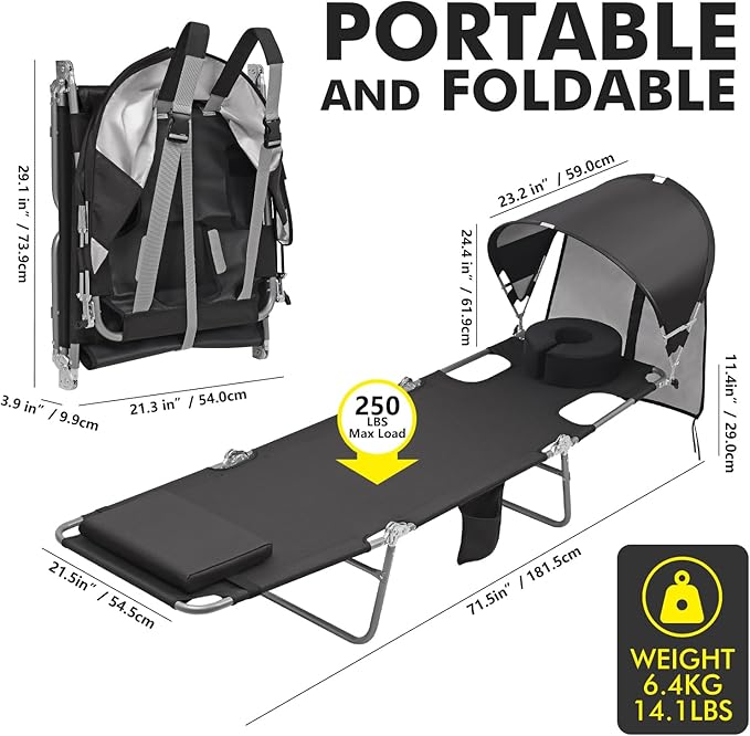 Backpack Beach Tanning Lounge Chair with Canopy Shade Face Hole Padded Adjustable Washable, 6 Position Layout Chair for Outside Sunbathing Poolside Lawn, UPF 50+ Wind-Resistant Sun Shade, 2Pack