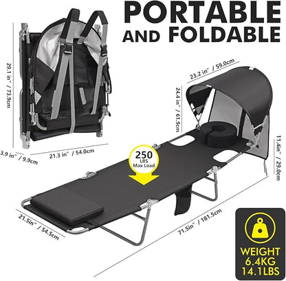 Backpack Beach Tanning Lounge Chair with Canopy Shade Face Hole Padded Adjustable Washable, 6 Position Layout Chair for Outside Sunbathing Poolside Lawn, UPF 50+ Wind-Resistant Sun Shade, 2Pack