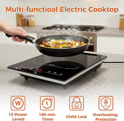 Topwish Single Burner Electric Stove, 110V-120V Portable Induction Cooktop, 1600W Countertop Stove Top Burner Hot Plate with with 10 Temp Levels, LED Display, Child Safety Lock, Timer & Auto-Shut-Off