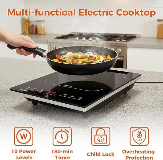 Topwish Single Burner Electric Stove, 110V-120V Portable Induction Cooktop, 1600W Countertop Stove Top Burner Hot Plate with with 10 Temp Levels, LED Display, Child Safety Lock, Timer & Auto-Shut-Off