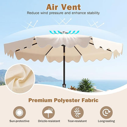 Tangkula 9 FT Patio Umbrella with Base Included, 2-Tiers Outdoor Scalloped Table Umbrella with 2 Sandbags, Tilt Adjustment, Crank, 8 Ribs for Market Backyard Pool Deck Beach Lawn