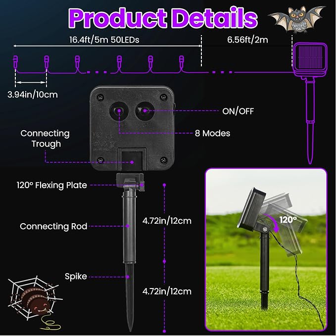 Purple Halloween Lights Outdoor Solar String Lights Waterproof for Halloween Decorations, Total 100LED 45FT for Garden Yard Pathway Fence, 8 Modes 50LED x 2 Packs