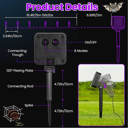Purple Halloween Lights Outdoor Solar String Lights Waterproof for Halloween Decorations, Total 100LED 45FT for Garden Yard Pathway Fence, 8 Modes 50LED x 2 Packs