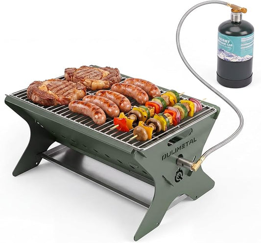 QuliMetal Portable Camping Grill, Foldable 3-in-1 Charcoal Wood Gas Grill with Carry Bag, Heavy-Duty Stainless Steel BBQ Fire Pit for Outdoor Cooking Backpacking Tailgating Patio Backyard