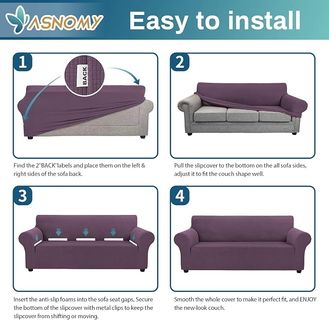 Asnomy Stretch Couch Covers Washable, loveseat Cover Slipcovers,Gray Purple | 1-Piece Sofa Cover(55"-78") loveseat cover Furniture Protector Soft Jacquard,Non-Slip Elastic Bottom for Dogs & Kids