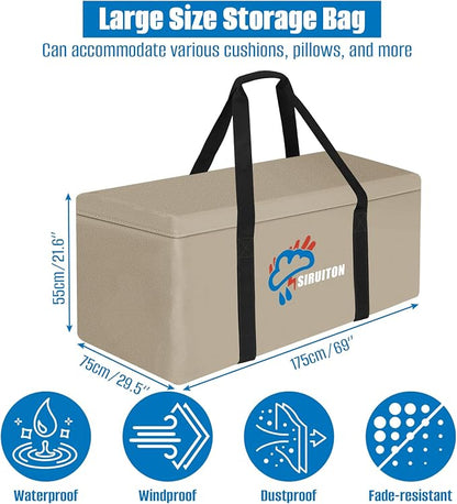 SIRUITON Cushion Storage Bag 600D Oxford,Waterproof,69"L x 29.5"W x 21.6"H | Heavy duty, rip proof, with handle & zipper, for patio & garden cushions, UV-resistant, all-weather protection