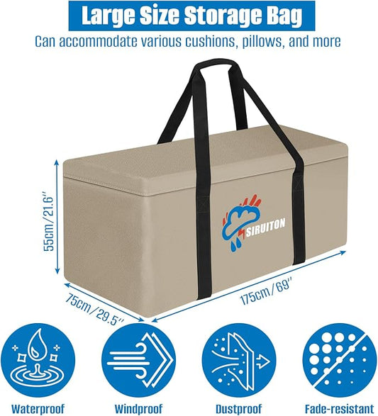SIRUITON Cushion Storage Bag 600D Oxford,Waterproof,69"L x 29.5"W x 21.6"H | Heavy duty, rip proof, with handle & zipper, for patio & garden cushions, UV-resistant, all-weather protection
