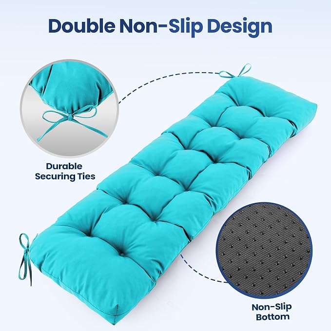 IASEAHK Outdoor Bench Cushion 48x18x5 Inch, Waterproof & Fade-Resistant Patio Furniture Cushions, Tufted Memory Foam Indoor/Outdoor Cushions for Couch Porch Swing with Non-Slip Backing & Straps, Teal