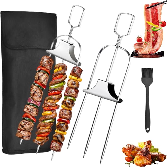 3 Prong BBQ Skewers for Grilling, 14.7 Inch Stainless Steel Kabob Skewers with Push Slider Bar, Reusable Metal Grill Skewers for Meat,Vegetables, Outdoor Barbecue Accessories (2 Fork + 1 Bag+1 Brush)