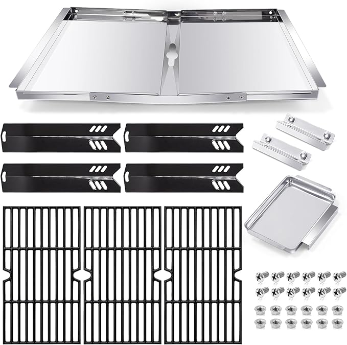 Hiorucet Grill Grease Tray Kits for Dyna Glo DGF493BNP Replacement Parts, Backyard BY13-101-001-12, Adjustable 24''-30'' Drip Pan, Grates, Heat Plates for Dyna Glo Grill Replacement Parts 4 Burner.
