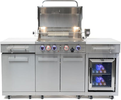 Mont Alpi Premium 70"W x 24"D Stainless Steel Outdoor Kitchen Island with Refrigerator + 32"W 4-Burner BBQ Grill + Infrared Burner + Storage Cabinets + Granite Countertops + Natural Gas Conversion Kit