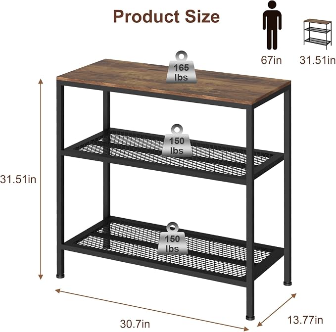 Kitchen Island with 3 Tier Storage, Height-Adjustable Kitchen Shelf, Microwave Stand for Dining, Sturdy Metal Frame, 30.7" L x 13.77" D x 31.51" H,Rustic Brown and Black