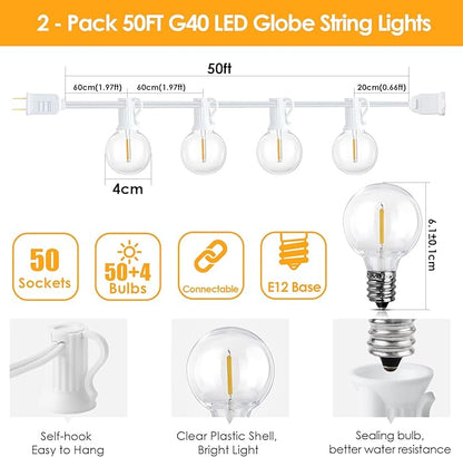 Mlambert 100Ft(2x50Ft) Outdoor String Lights, G40 Globe Patio Lights with 50+4 Waterproof Hanging LED Bulbs for Party Cafe Camping Outside-White Wire