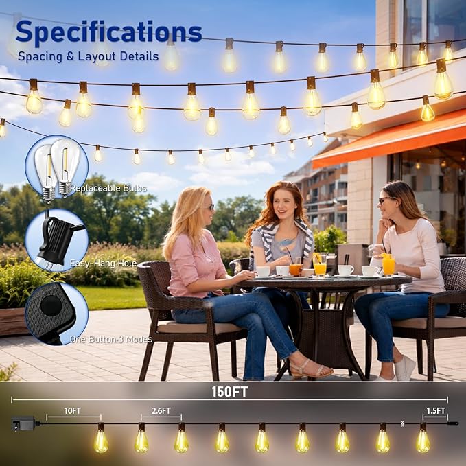 150FT LED Outdoor String Lights with Remote, One Continuous Strand Patio Lights with 55+2 Shatterproof S11 Bulbs, Dimmable 2700K Warm White, Timer & 3 Modes, Low Voltage for Backyard Garden