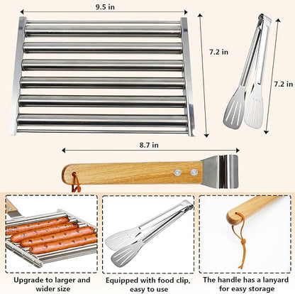 9.5 Inch Long Hot Dog Roller for Grill - Stainless Steel BBQ Hot Dog Grill Roller with Wood Handle, Grill Accessories with Tongs for Sausage Grilling,Ensures Even Heating, Hot Dog Buns Holder