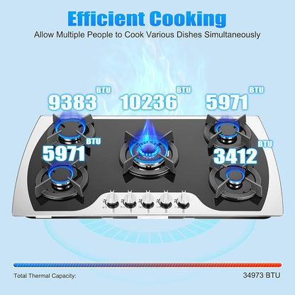5 Burners Gas Stove, Al-alloy Built-In/Countertop Gas Cooktop with Electric Ignition and Tempered Glass Panel, 2000Pa LPG/NG Cooktop Stove for Kitchen Apartment