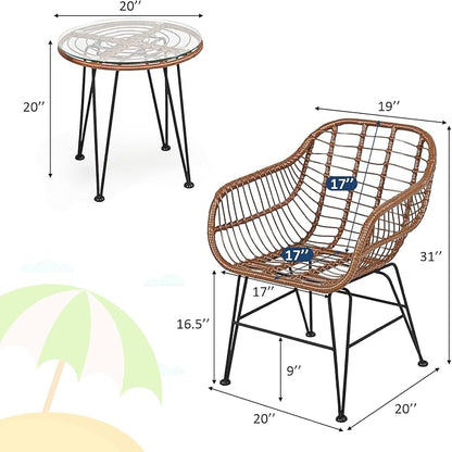 Tangkula 3 Pieces Patio Conversation Bistro Set, Outdoor Wicker Furniture w/Round Tempered Glass Top Table & 2 Rattan Armchairs, Bistro Chat Set w/Seat Cushions for Porch, Backyard, Garden