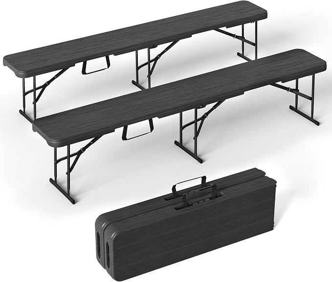 VSOAEIL 6 Foot Folding Bench 2 Pack, Foldable Plastic Bench Indoor Outdoor | 6 Feet Portable Bench Seating with Handle and HDPE Tabletop - Party, Dining, Picnic, Camping, Sports, Temporary Events, Black