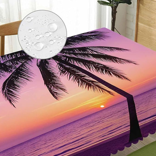 Decorative Rectangle Tablecloth 52"X70" Beach Sunset, Paradise Beach Palm Trees Sunset Wrinkle Free Table Cover Picnic Table Cloths for Parties Weddings Kitchen Tablecloth Purple
