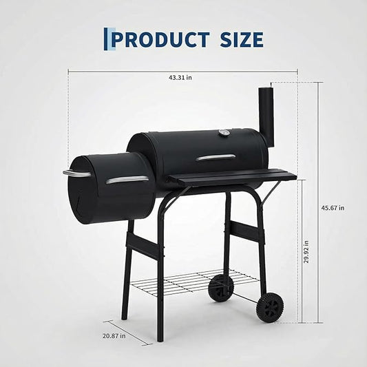 GarveeLife BBQ Charcoal Grill, Outdoor Barrel Grills with Offset Smoker, Patio Barbecue Grill and Smoker Combo with Wheels and Handle, for Garden Backyard Party Camping Picnic, Black