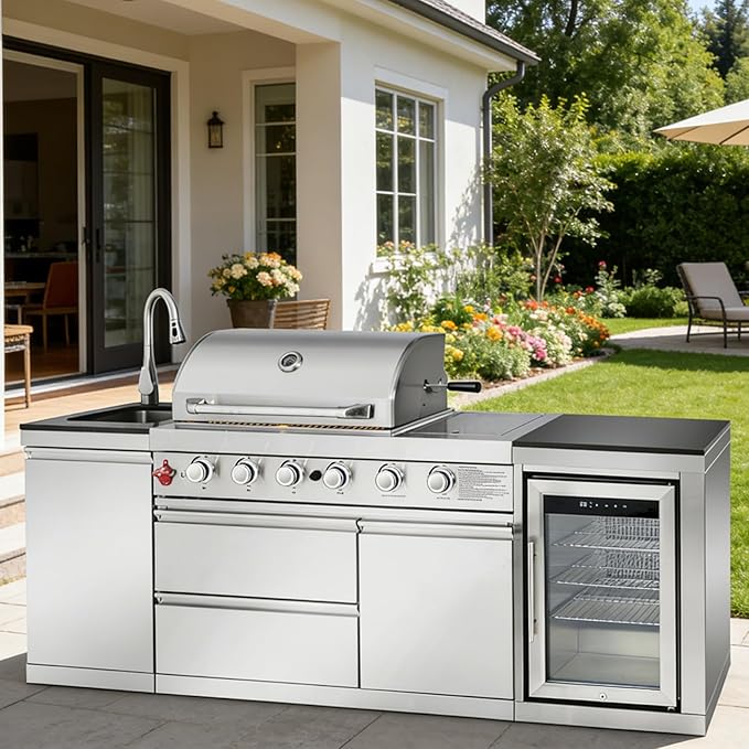 85" Modular Outdoor Kitchen Island with Grill and Side Burner, 4-Burner 71,500 BTU Propane BBQ Island, Refrigerator, Sink & Rotisserie, for Backyard and Patio Cooking, Silver