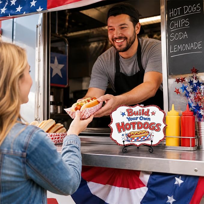 Wooden Patriotic Table Sign for Hot Dog Station, Fourth of July BBQ Buffet Decor with Metal Stand, 5 x 7 Inch Independence Day Food Display for Food Truck, Restaurant, Summer Party - A03
