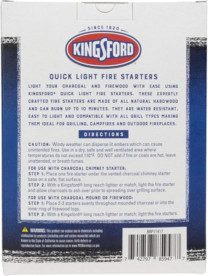 Kingsford Quick Light Fire Starter Rolls, All Natural Hardwood with Paraffin, Water Resistant and Easy Lighting for Charcoal, Pellet Grills, Smokers, Campfires, Outdoor Fireplaces, 16 Count
