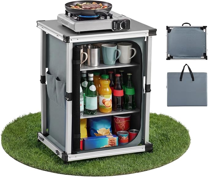 VEVOR Folding Camping Storage Cabinet, Outdoor Portable Aluminum Lightweight Table, Quick Set-up Compact Kitchen Cook Station, with 3 Shelves and Carry Bag, for Picnic, BBQ, Camping, RV Traveling